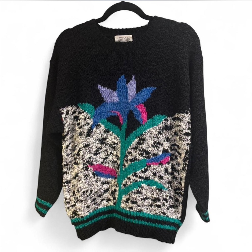 VINTAGE 80s Here’s A Hug Floral Patterned Black Sweater